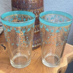 Pair Patina Vie Anthropologie Liselotte Highball Glass Tumblers Turquoise & Gold